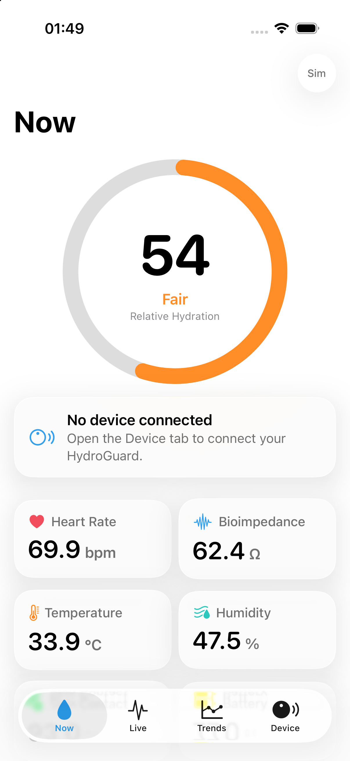 The HydroGuard iPhone app showing a hydration index, heart rate, bioimpedance, temperature and humidity