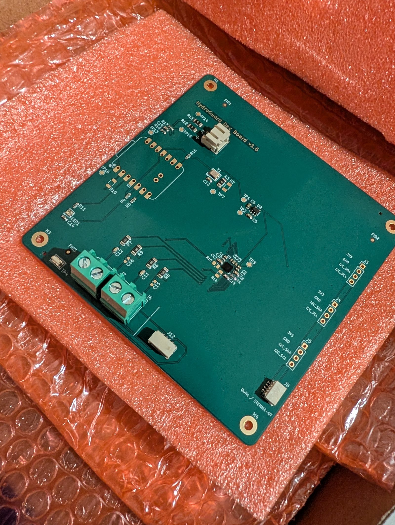 The manufactured first prototype board on pink anti-static foam